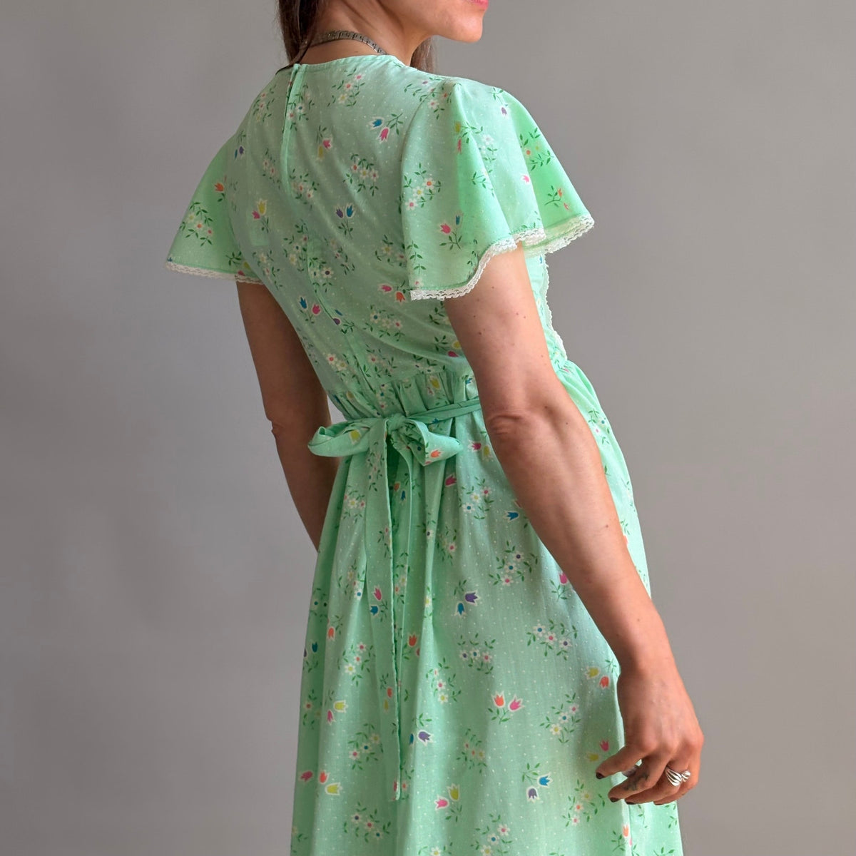 Vintage 70s Sears Growing Girl  Green Floral Prairie Dress - Small