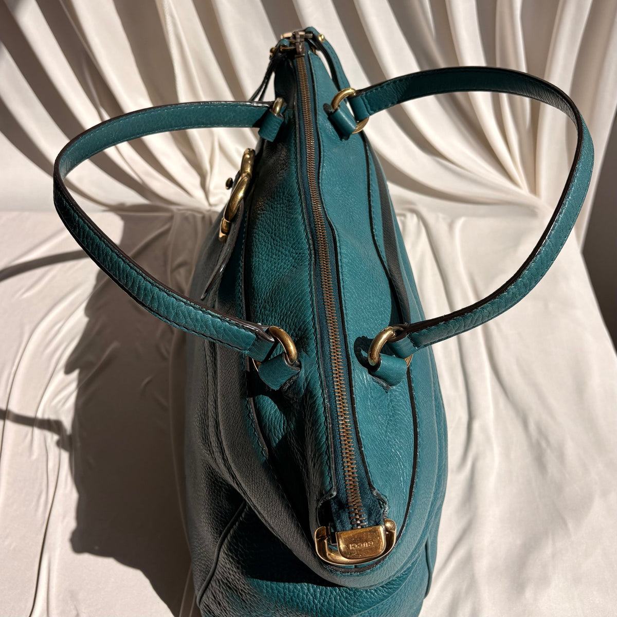 Gucci Medium Ride Top Handle Bag - Teal Pebbled Calfskin Leather, Gold Buckle