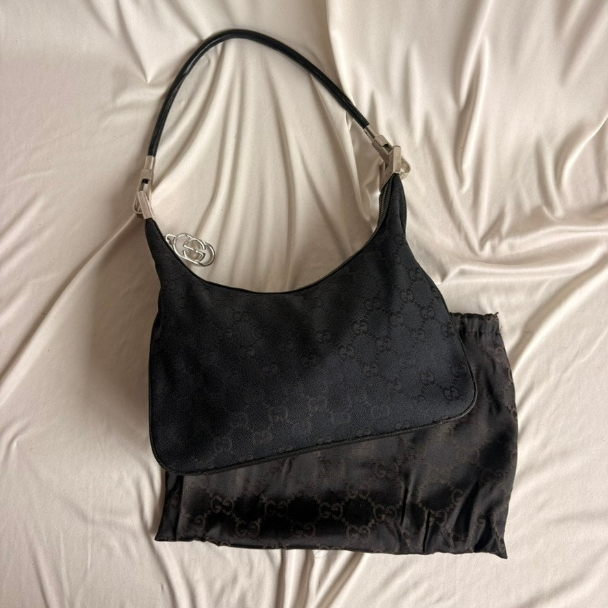 Vintage Gucci Tom Ford Era Black GG Monogram Canvas Hobo Bag Silver Hardware