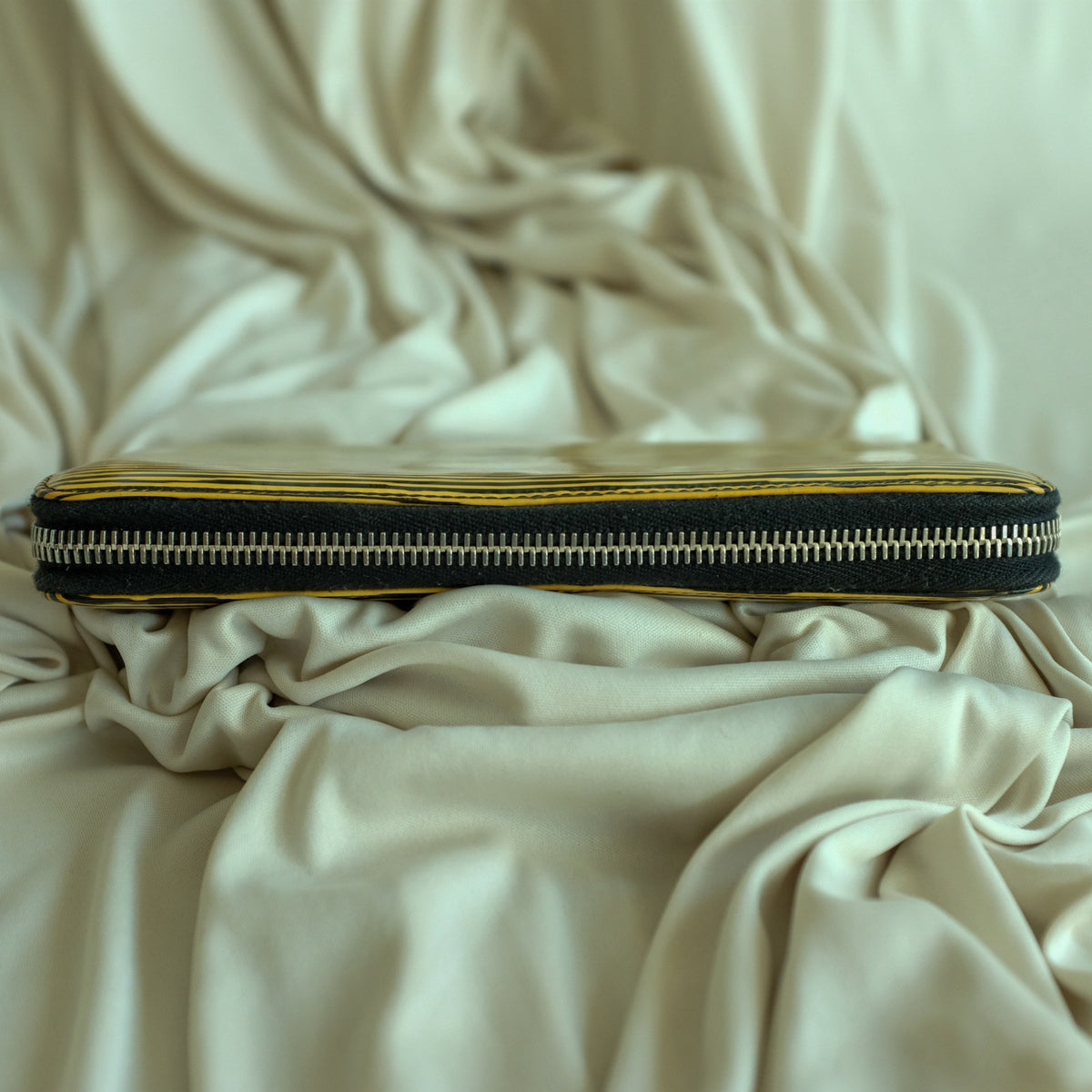 Chanel Patent Leather Striped Long Wallet - Black & Yellow