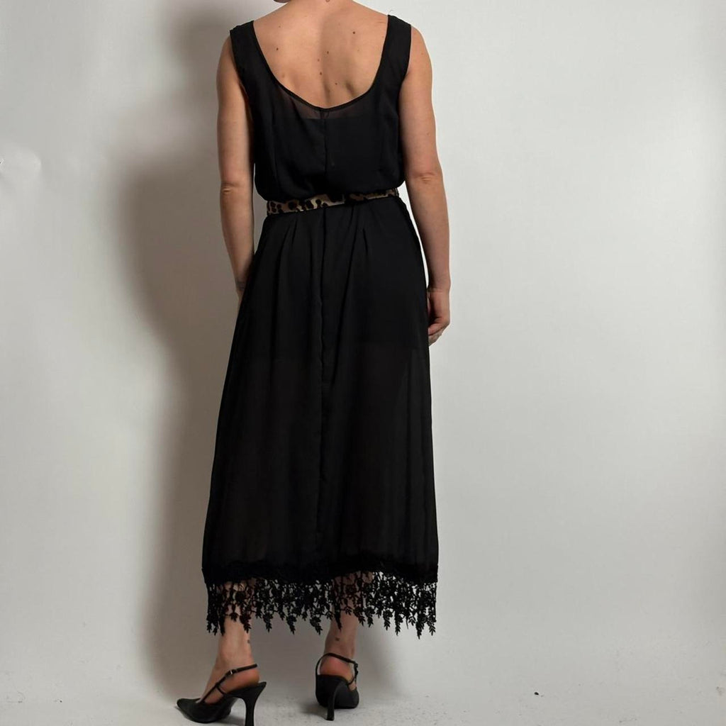 Vintage Alexander Brown Sheer Black Floral Maxi Dress - Lace Trim, Fits M/L