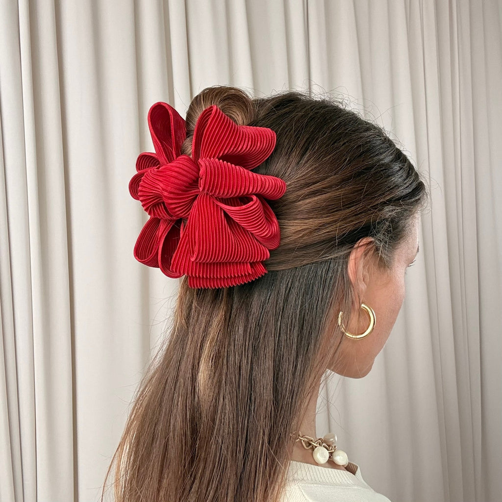 Red Oversized Ribbon Claw Clip - Pleated Bow Detail, Retro