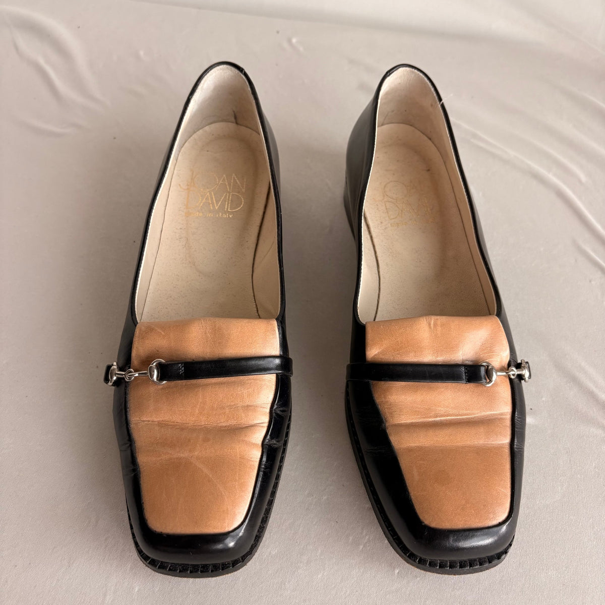 Vintage Joan & David Black & Tan Leather Loafers - Silver Horsebit Hardware
