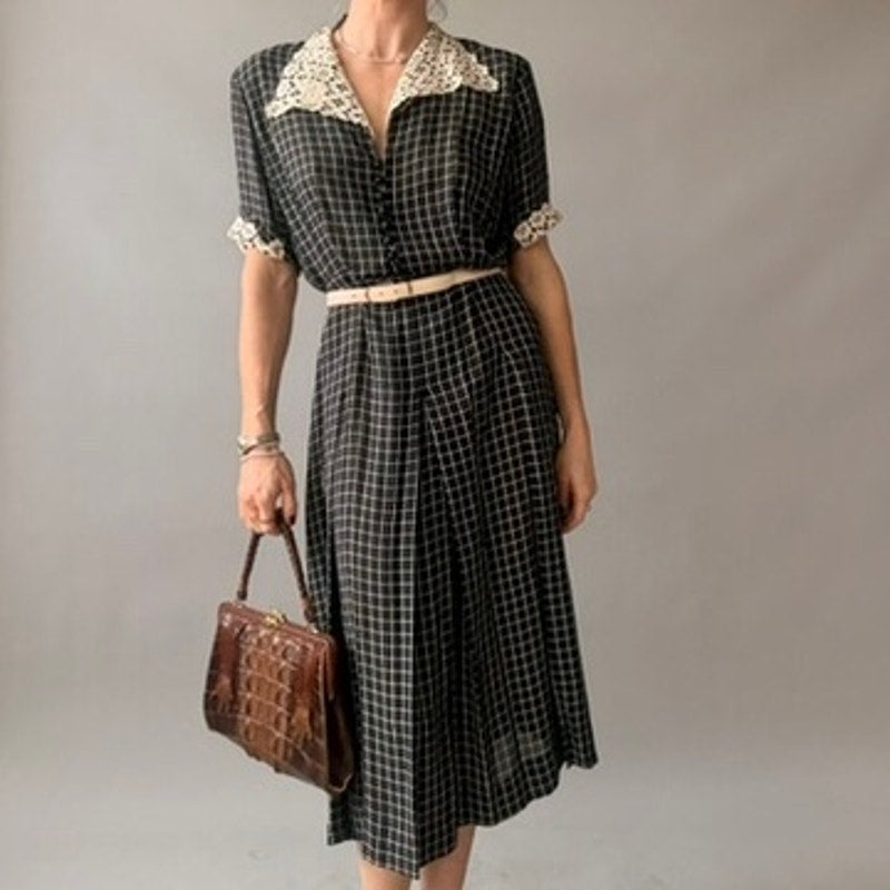 Vintage 50s Black Checkered Rayon Day Dress - Crochet Lace Collar & Cuffs