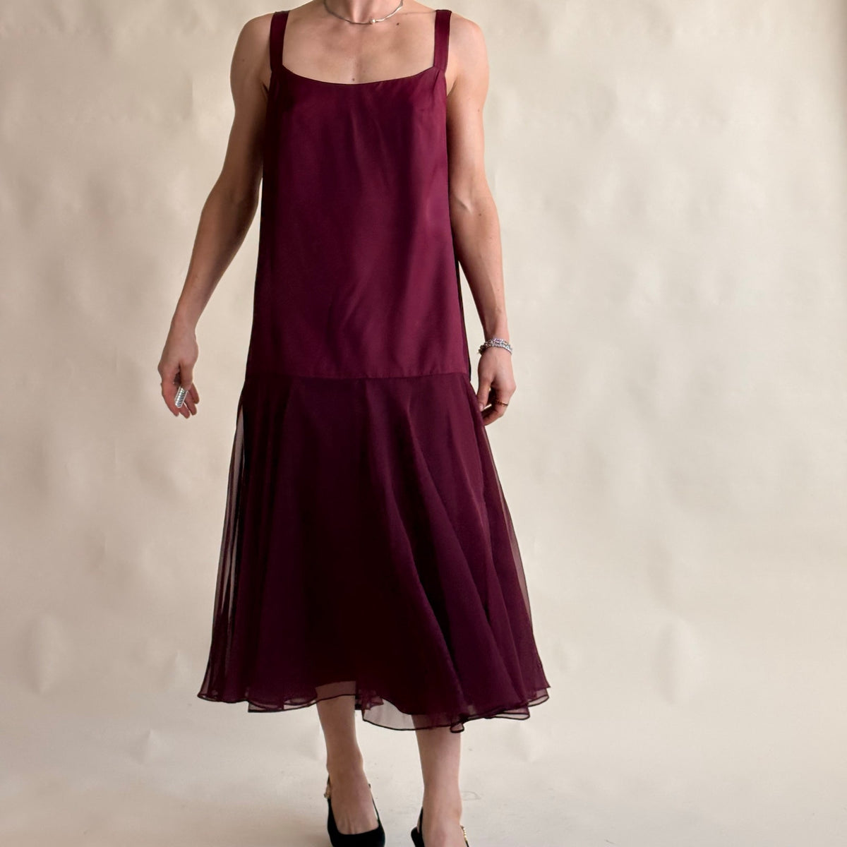 Crest Fashions Burgundy Drop-Waist Flapper Dress - Sheer Chiffon Skirt