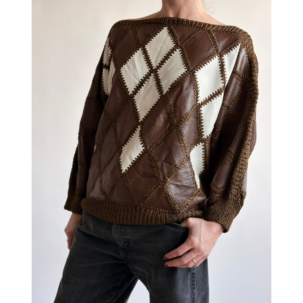 Vintage 1970s Handmade Turkish Diamond Patchwork Leather Top