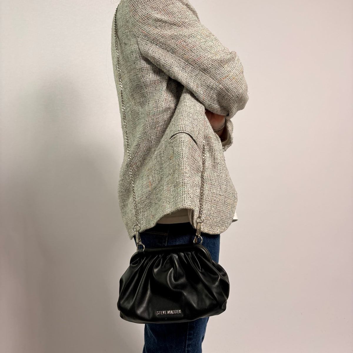 Steve Madden Bnikki Bag - Black Vegan Leather with Silver Chain
