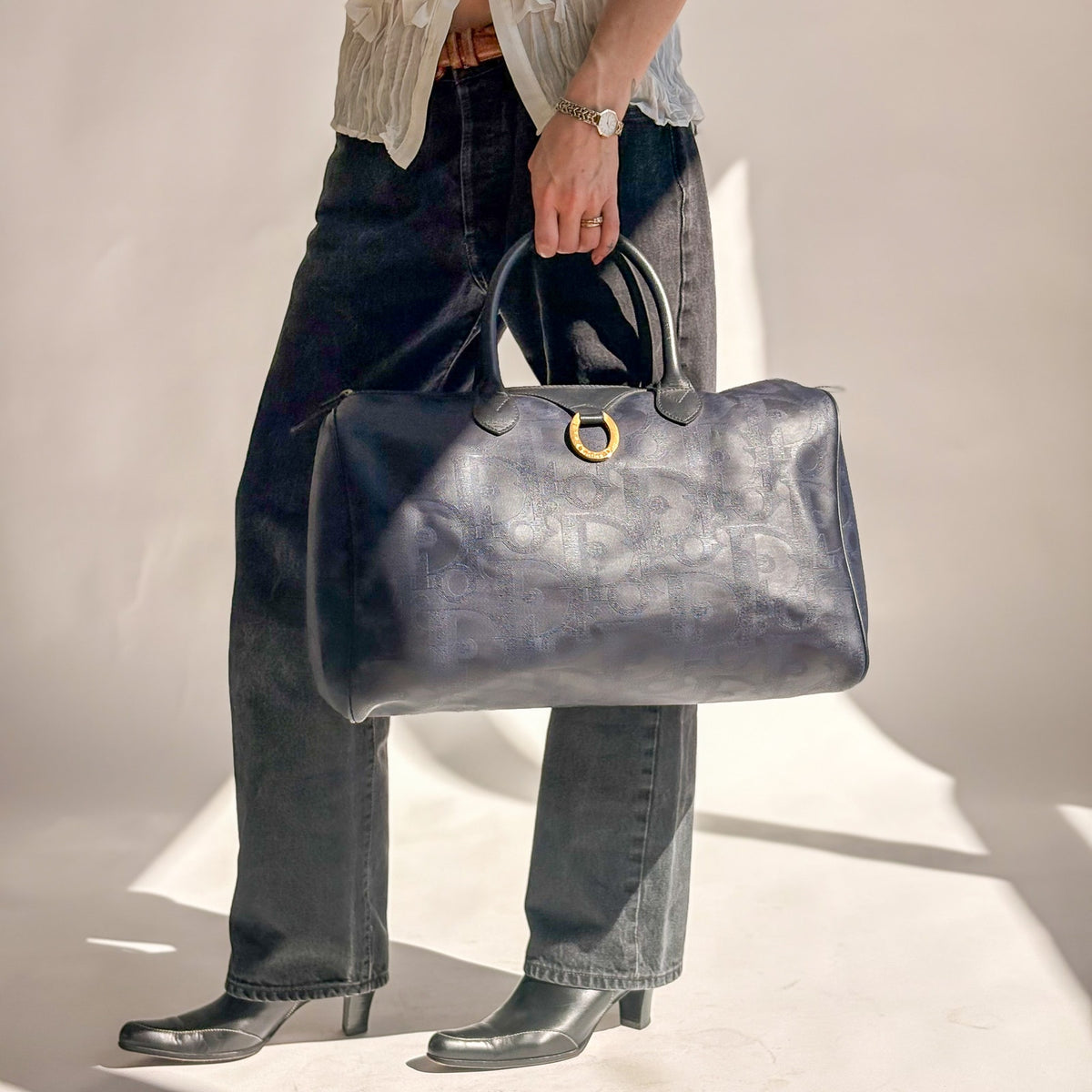 Vintage Christian Dior Trotter Oblique Navy Boston Duffle Bag