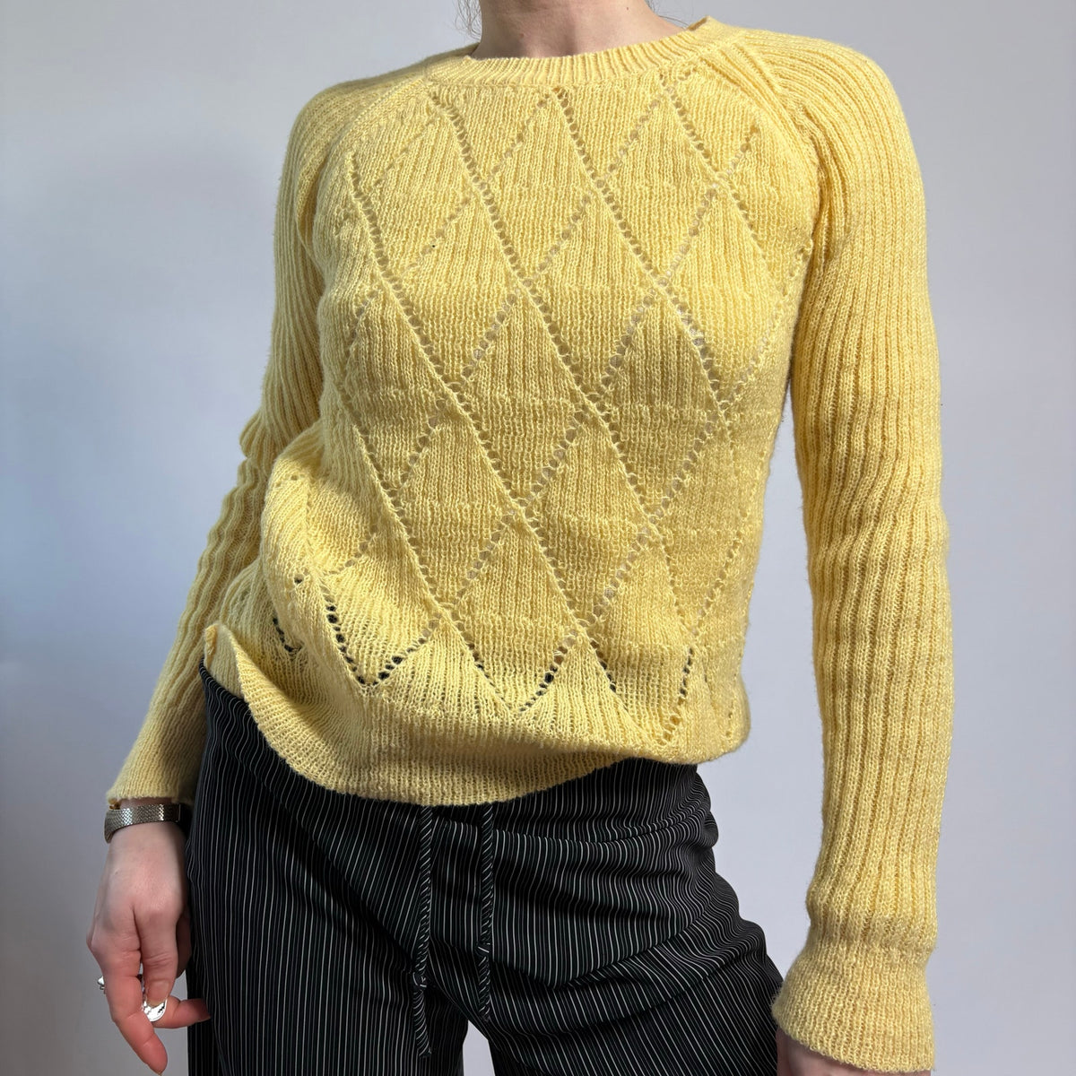 Yellow Pointelle Argyle Crewneck Sweater - Size Medium
