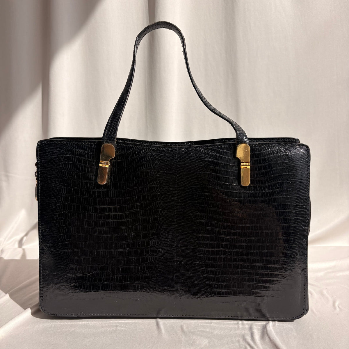 Vintage Loewe Black Patent Croc-Embossed Leather Shoulder Bag