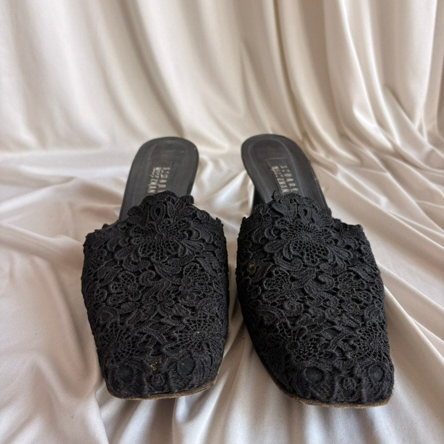Stuart Weitzman Black Lace Mules - Square Toe, Kitten/Block Heel, Size 11