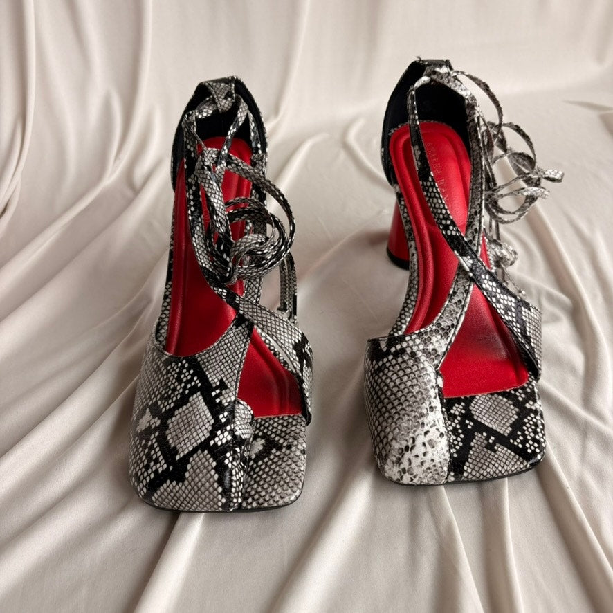 Azalea Wang Buiky Snake Print Curved Heel Pumps - Red Heel, Size 8.5