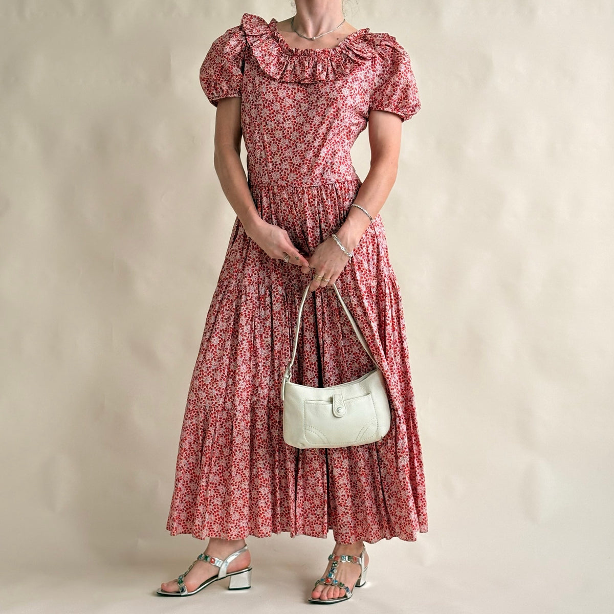 Vintage Handmade 70s Red Floral Maxi Dress - Puff Sleeve, Ruffle Neck