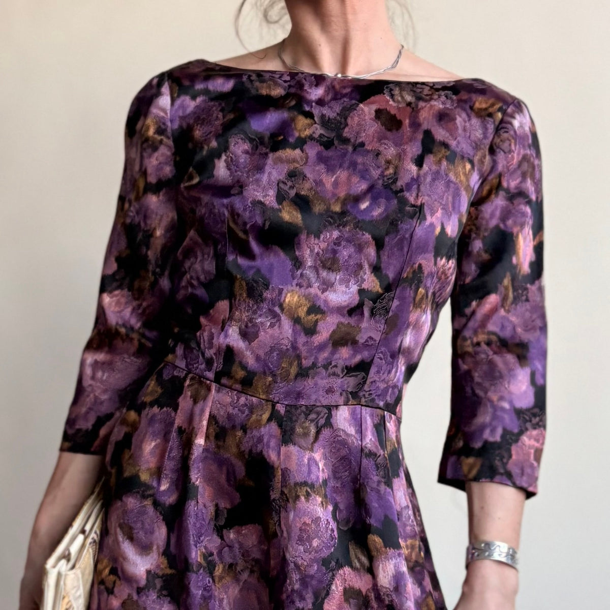Dark Purple Floral Jacquard Maxi Gown - Boat Neck, Handmade, Fits Size 2