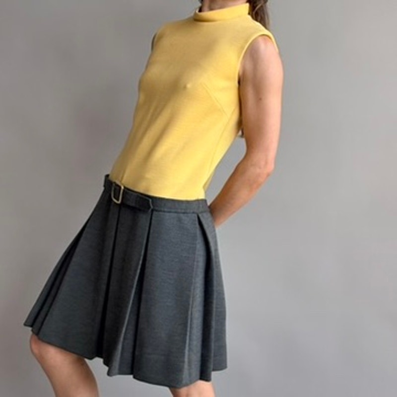 Vintage 60s Union-Made Mustard & Grey Drop Waist Wool Dress