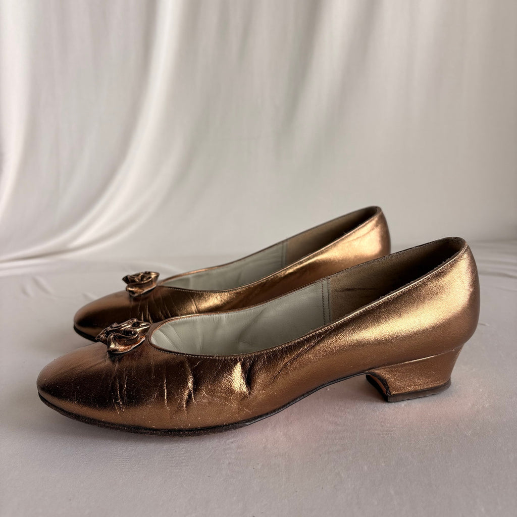 Vintage Gold Leather Round Toe Pumps - Leather Flower Detail, 1" Heel