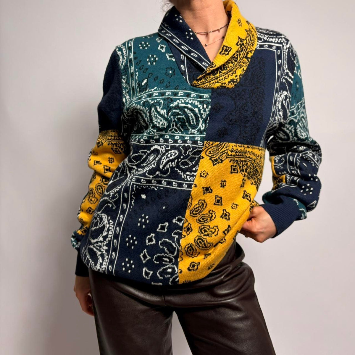 Sun + Stone Bandanna Print Shawl Collar Sweater - Yellow/Green/Blue, Size Medium