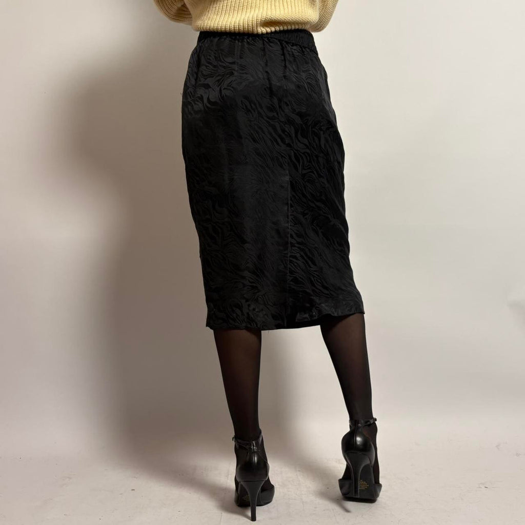 Vintage Silk Black Midi Skirt - small