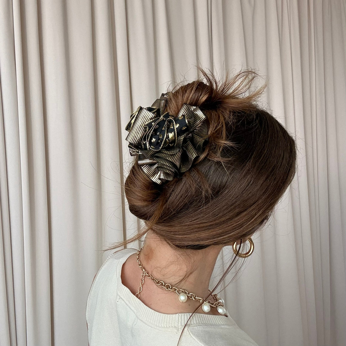Gold & Black Stripe Ribbon Claw Clip - Polka Dot Detail, Retro