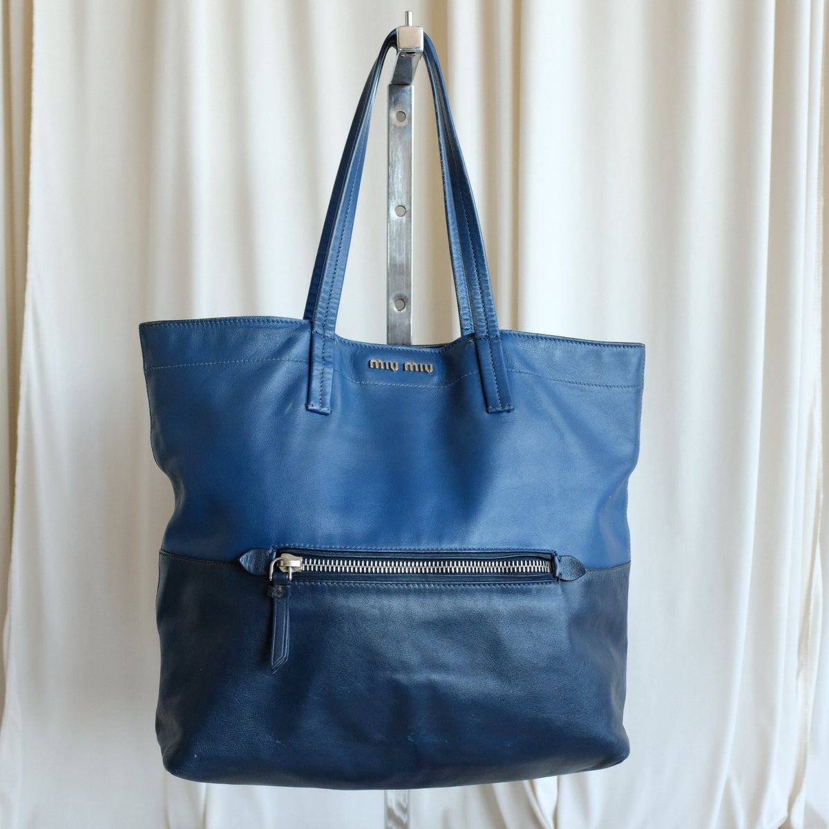 MIU MIU Vitello Soft Leather Shopping Tote Bag - Blue & Navy Two-Tone w/ COA