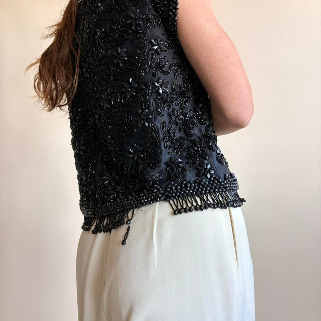 Doreen Loh Black Beaded Fringe Top - Made in Hong Kong