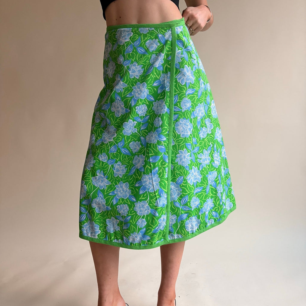 1970s Reversible Floral Wrap Skirt - Green or Baby Blue, One Size