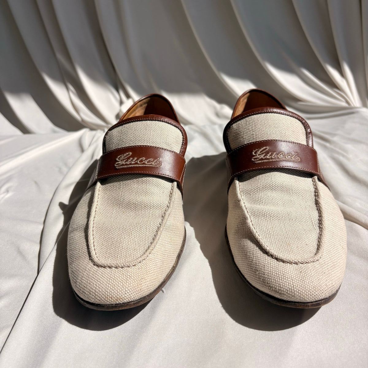 Vintage Gucci Slip-On Loafers - Cream Canvas, Brown Leather, EU 39