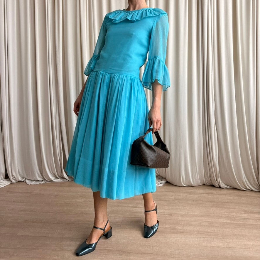 Ollie Wright 60s Turquoise Drop-Waist Midi - Sheer Chiffon, Handmade, Fits Small