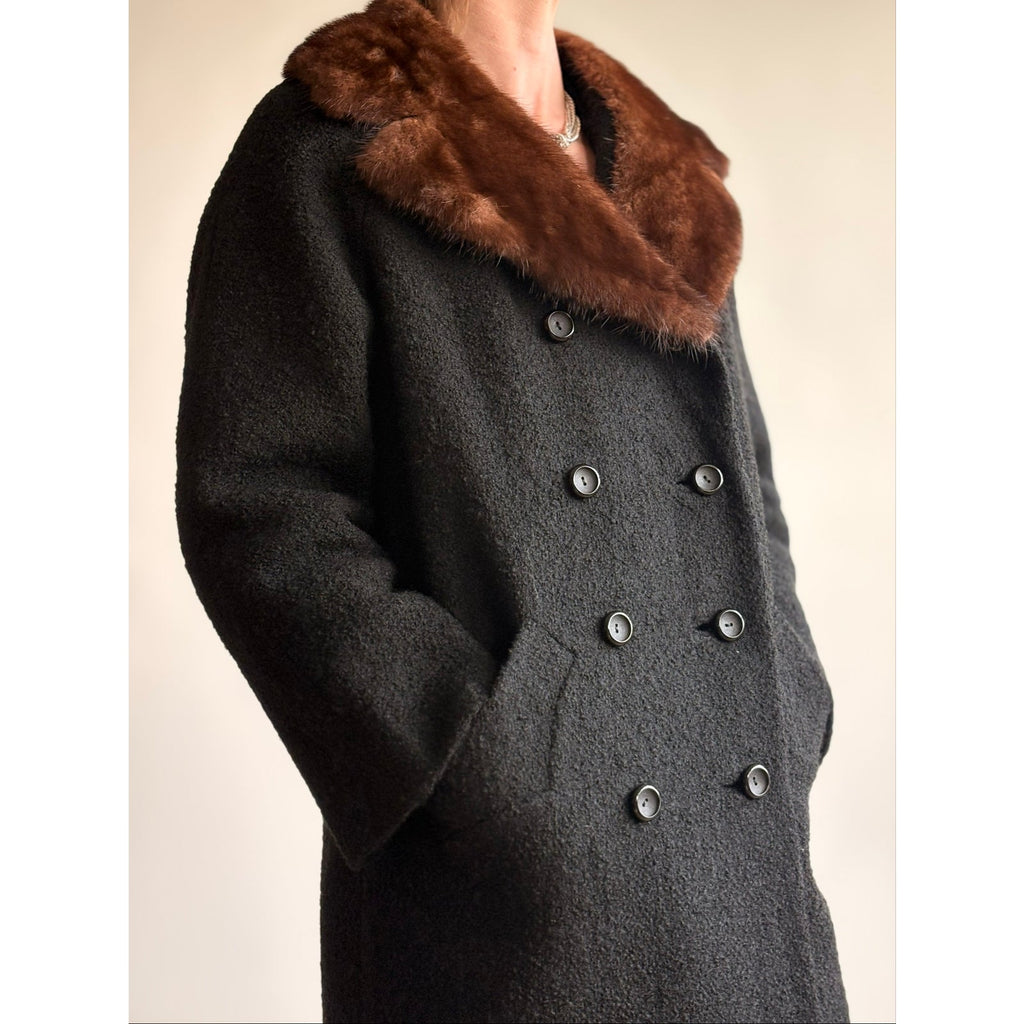 Vintage Woodward & Lothrop Black Wool Car Coat with Mink Fur Collar
