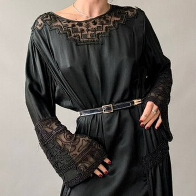 Antique 1920s Black Silk Satin Hand-Beaded Lace Shift Dress