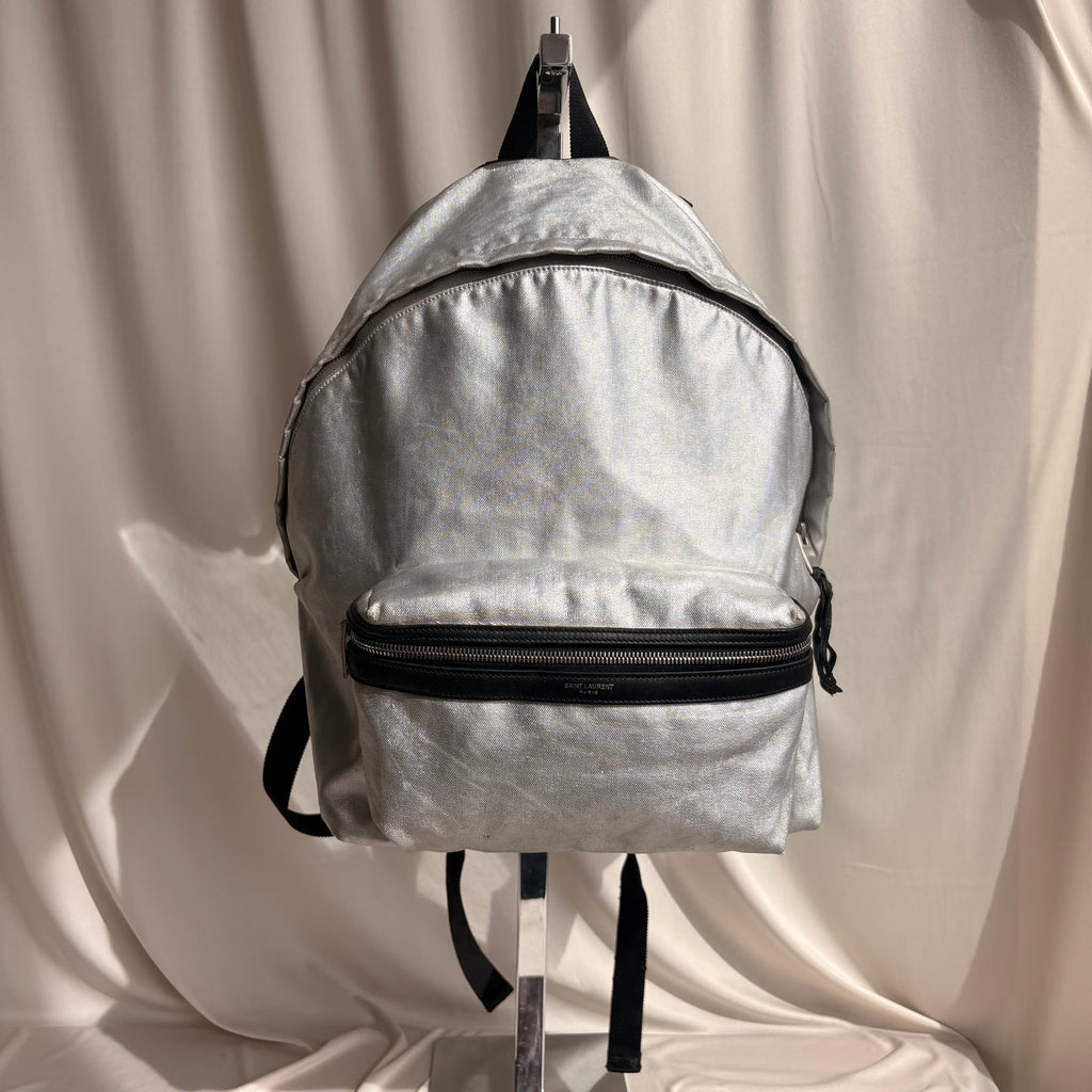 Saint Laurent Silver Metallic Leather City Backpack, 2017