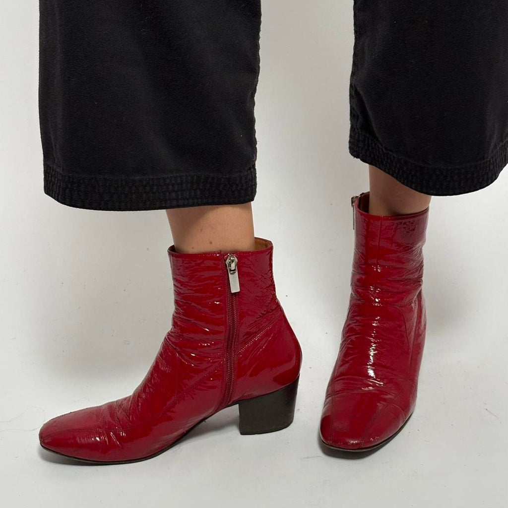Rachel Comey Red Patent Leather Ankle Boots • Block Heel - size 38