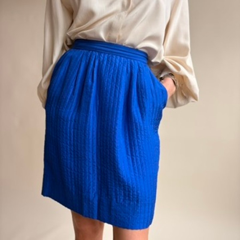 Cobalt Blue Quilted Silk Skirt - Vertical Stitching, 80s Vintage, Size 4
