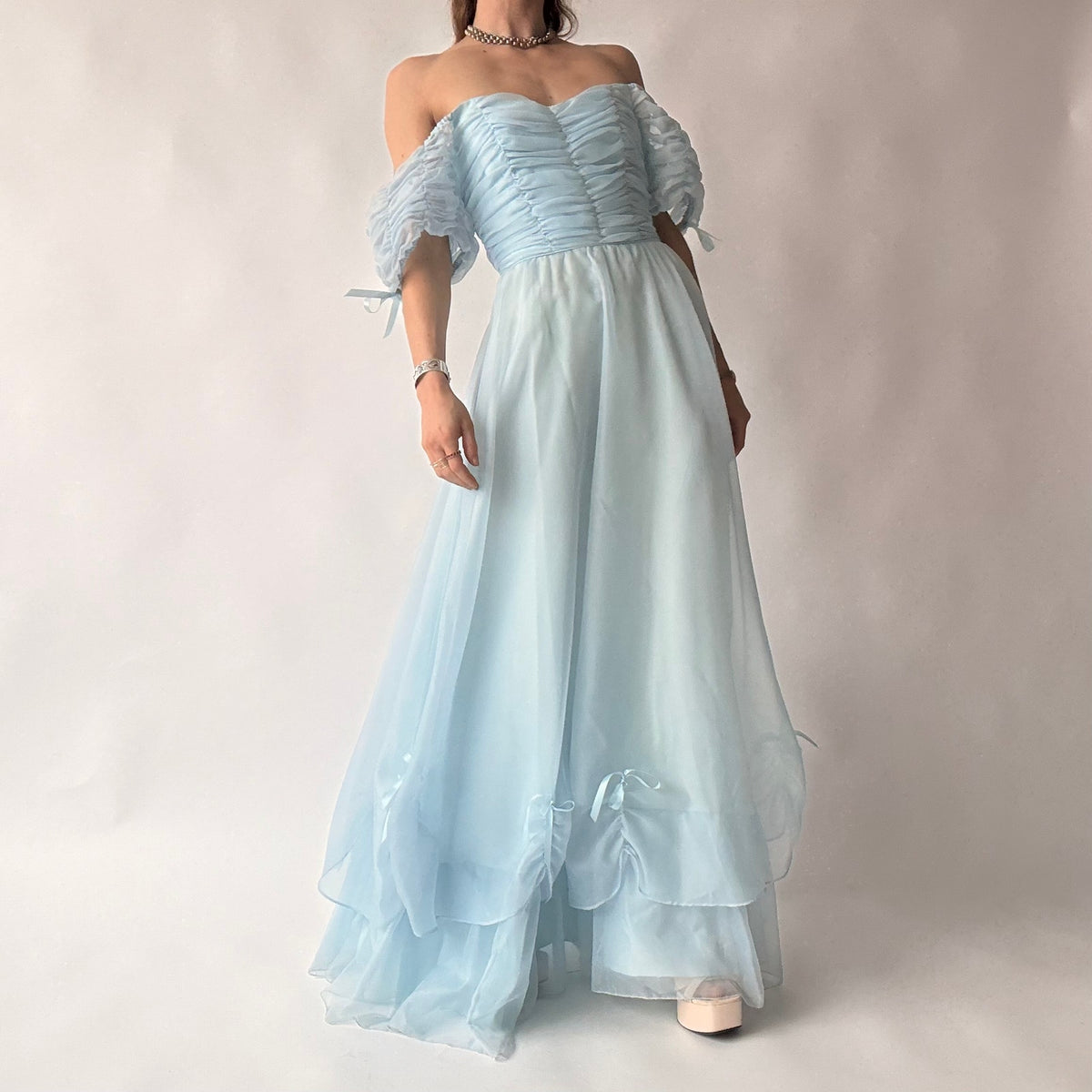 Roberta of California Vintage Powder Blue Ruched Off-Shoulder Gown