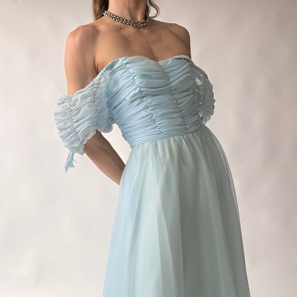 Roberta of California Vintage Powder Blue Ruched Off-Shoulder Gown
