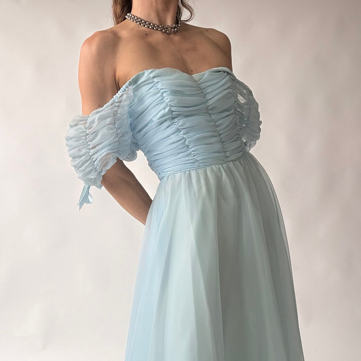 Roberta of California Vintage Powder Blue Ruched Off-Shoulder Gown