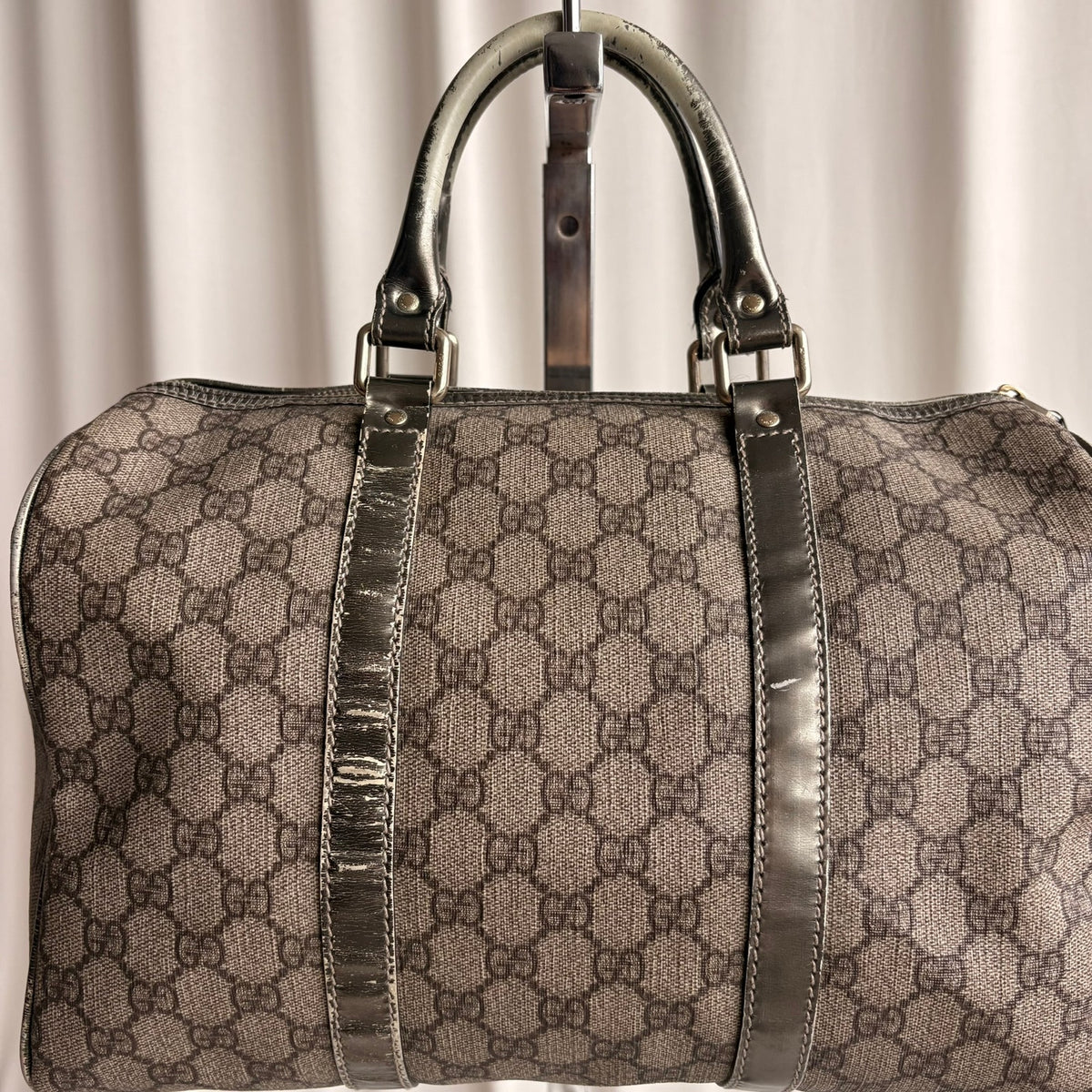 Gucci GG Supreme Joy Boston Bag - Brown Coated Canvas &Metallic Leather Trim