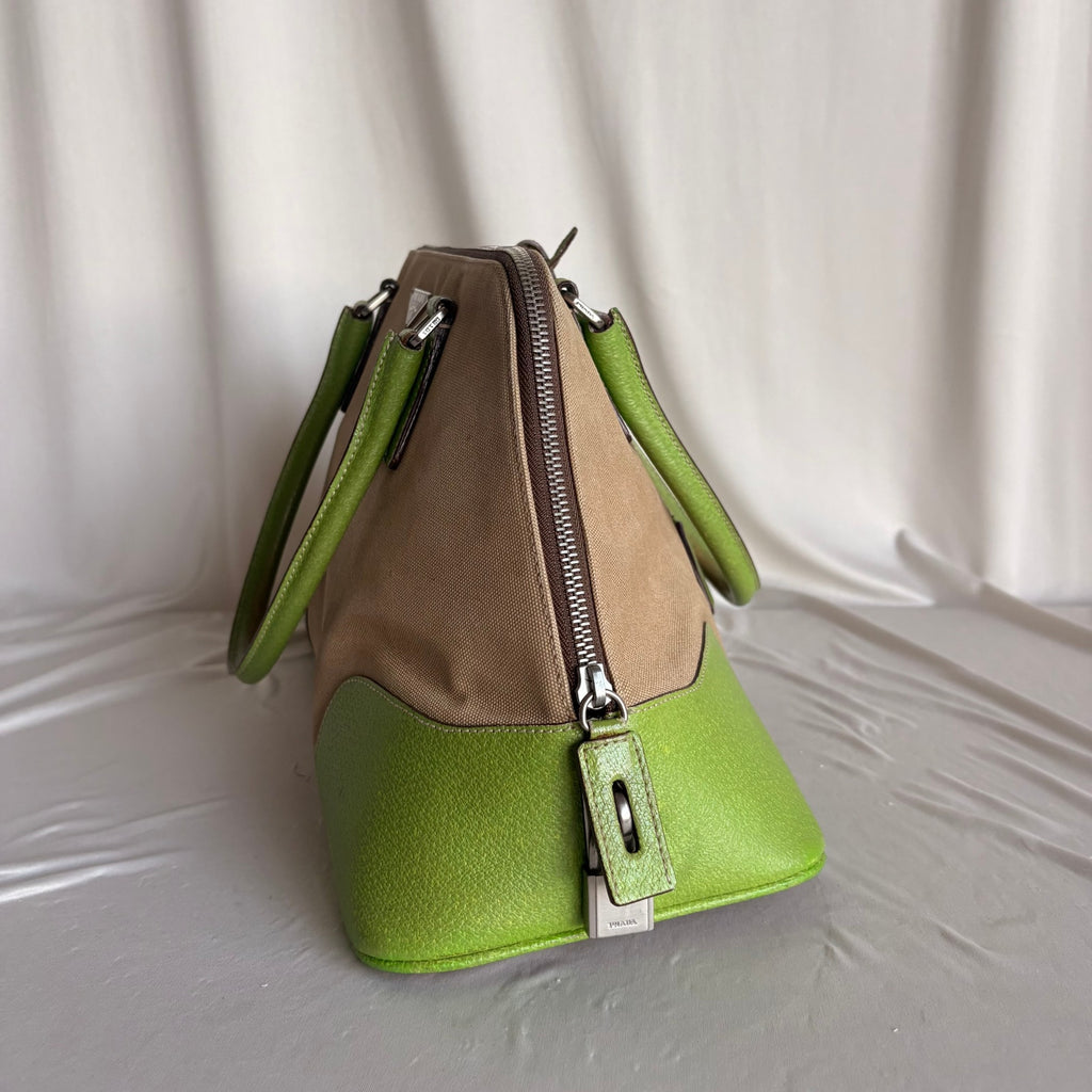 Vintage Prada Beige Canapa Dome & Lime Green Leather Trim Bowling Bag