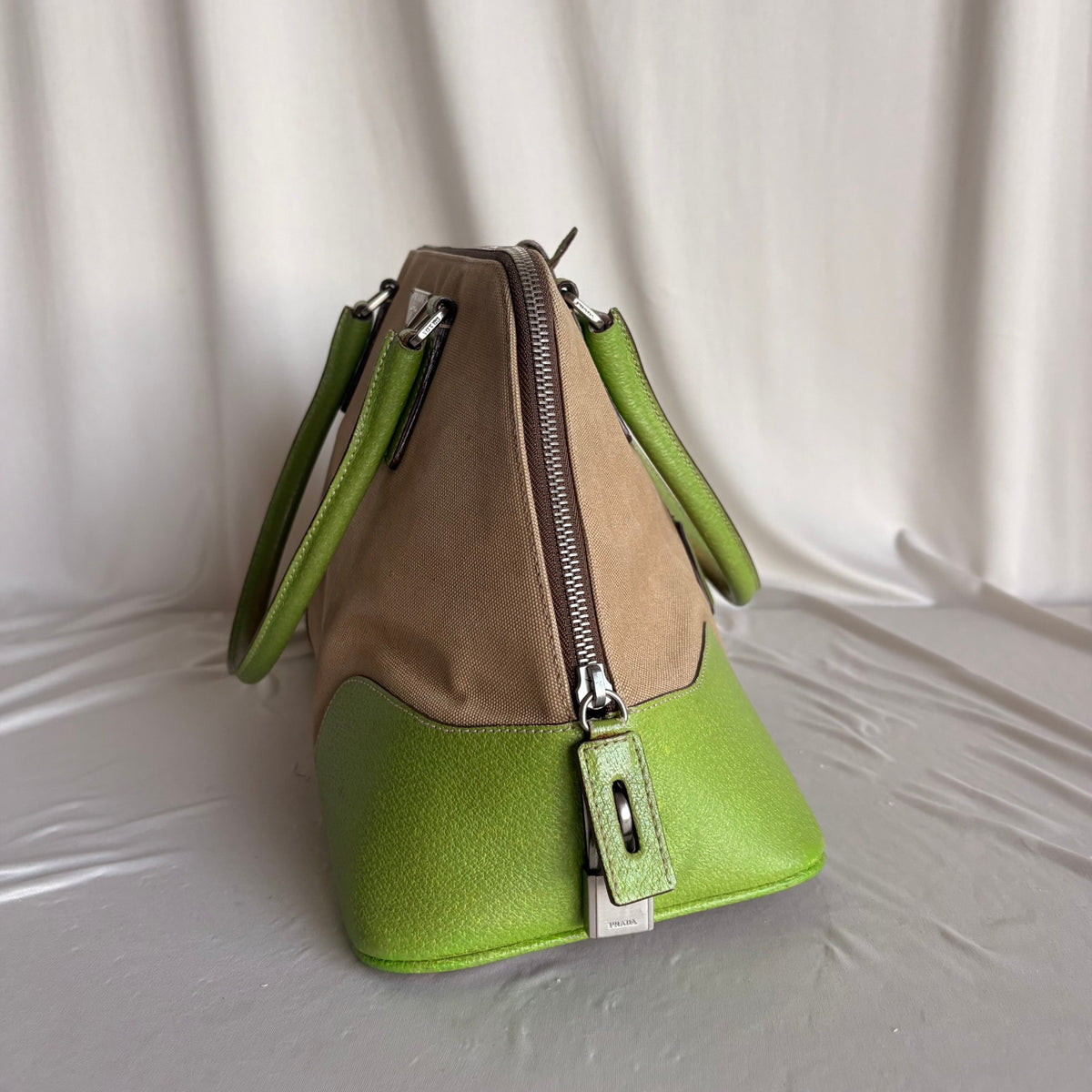 Vintage Prada Beige Canapa Dome & Lime Green Leather Trim Bowling Bag