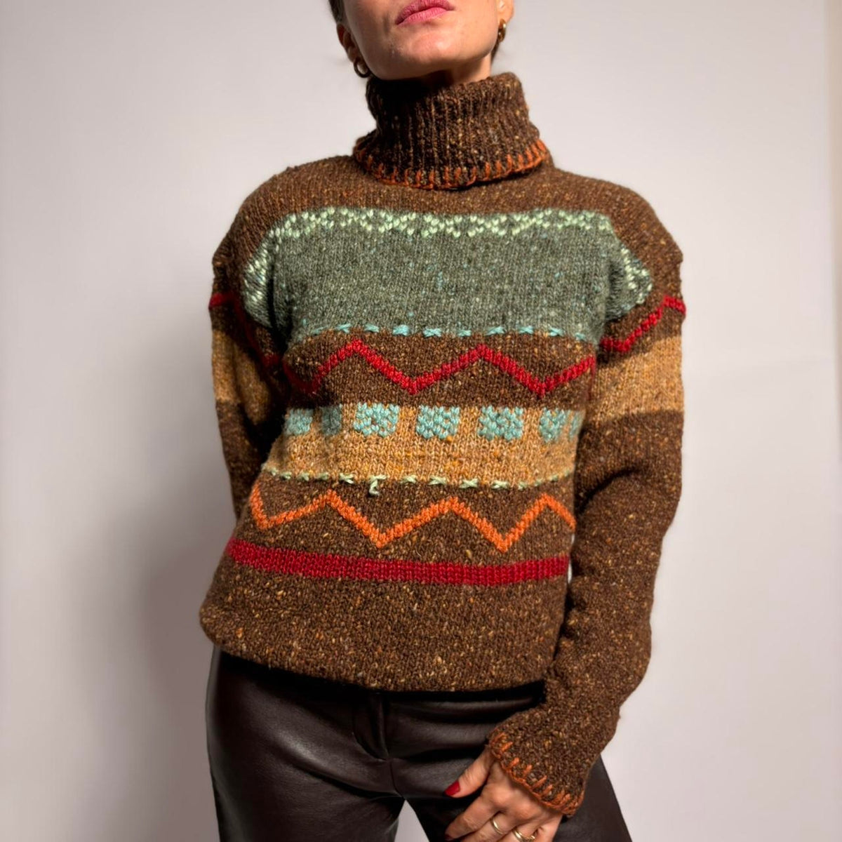 Vintage Wool Turtleneck with Geometric Stitching - Brown, Size Large