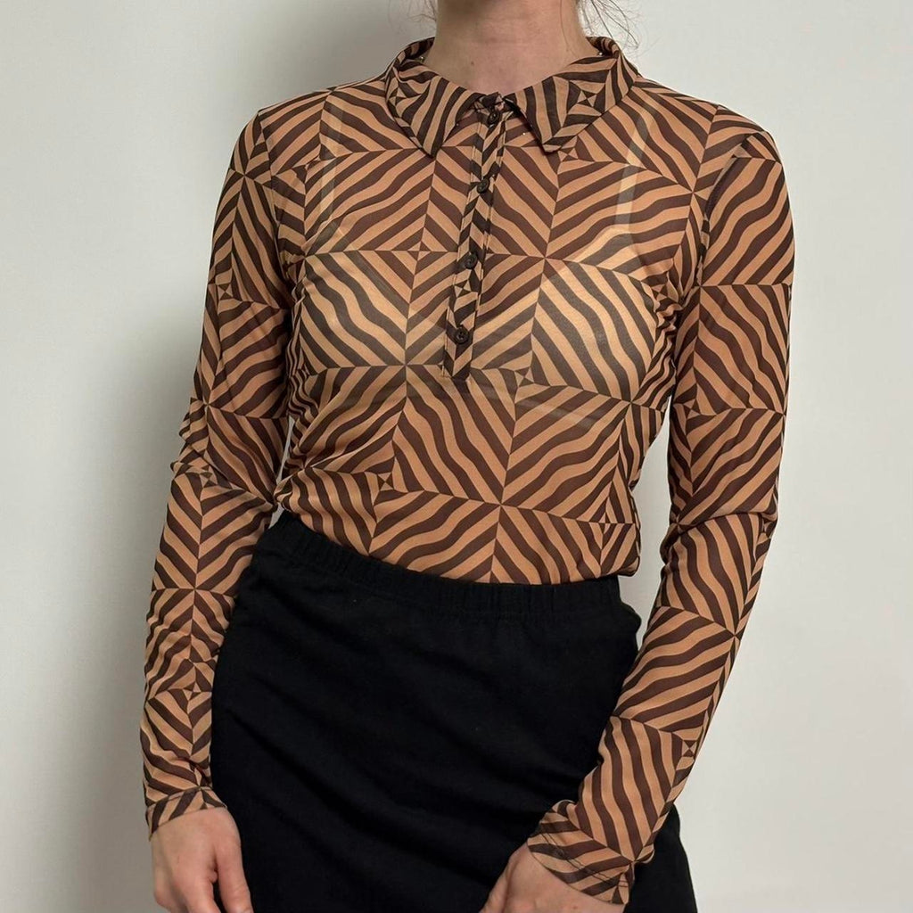 Sheer Zara Brown Abstract Geometric Button Up Top - Small