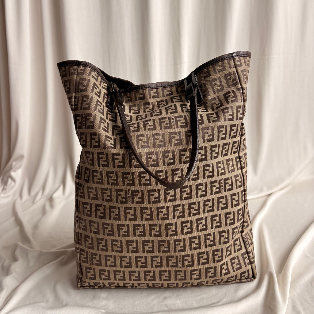 Vintage Fendi Zucchino Canvas Roll Tote w/ Baby Pouch - Tan & Brown