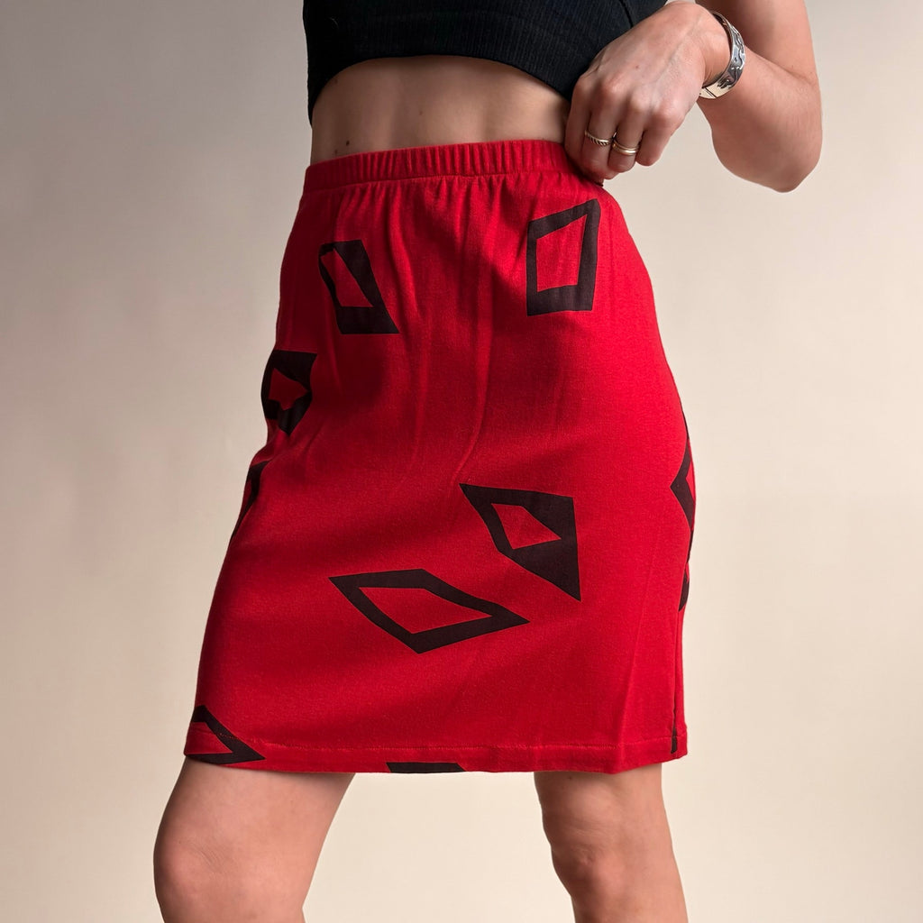 James Berry for Bergdorf Goodman Red Mini Skirt - Hand-Screened Black Diamonds, 80s, Size Small