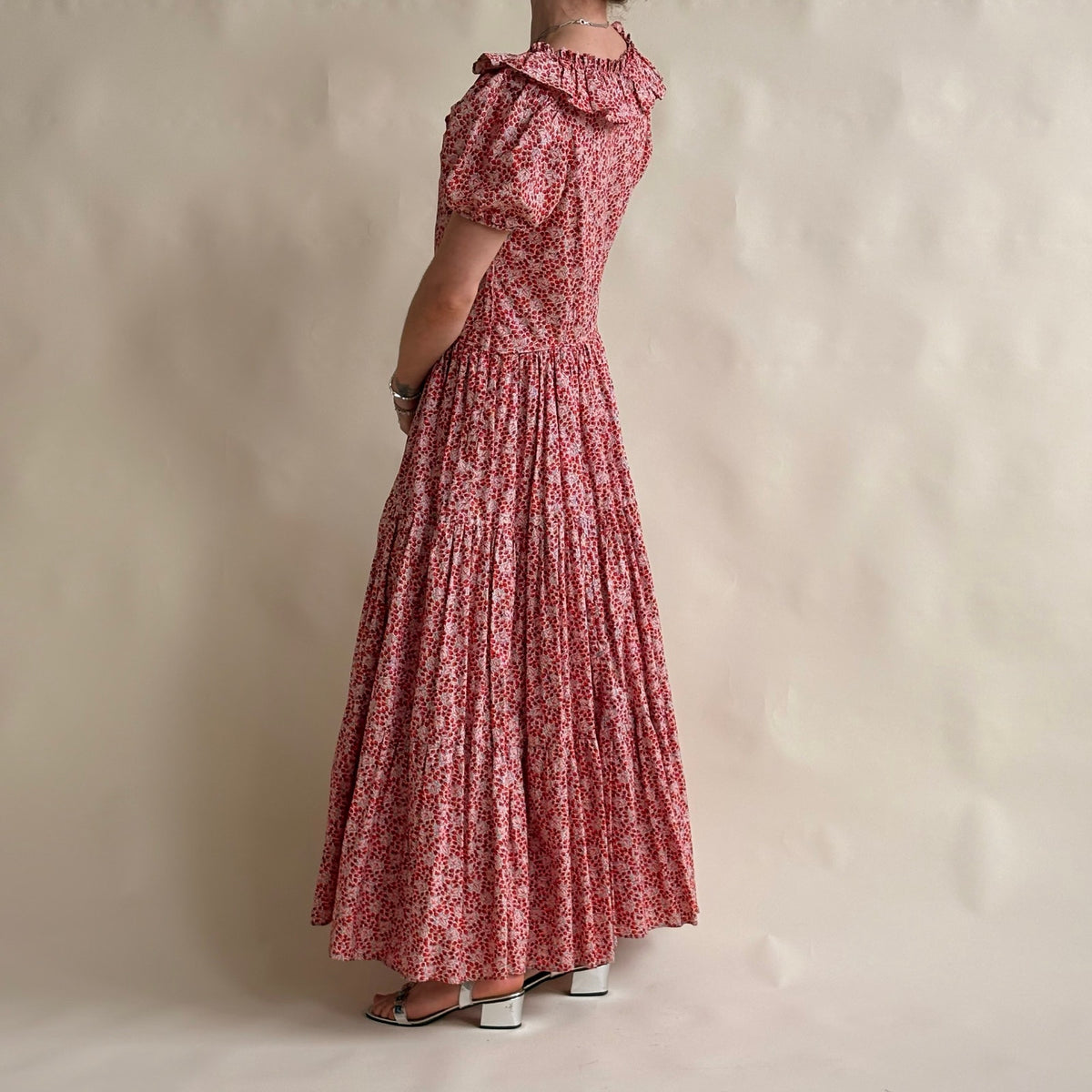 Vintage Handmade 70s Red Floral Maxi Dress - Puff Sleeve, Ruffle Neck