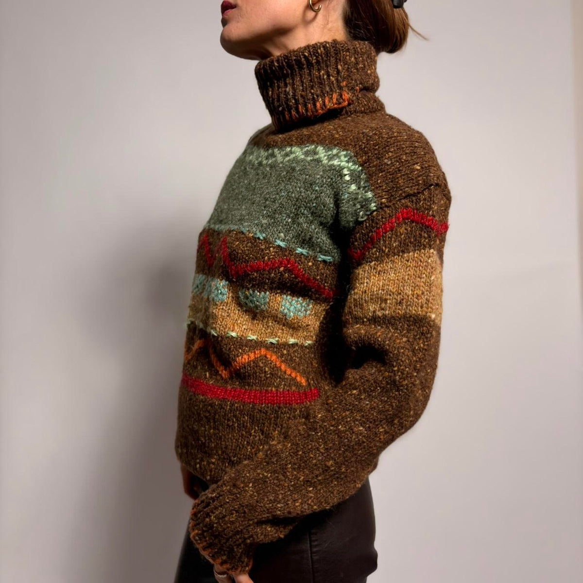 Vintage Wool Turtleneck with Geometric Stitching - Brown, Size Large