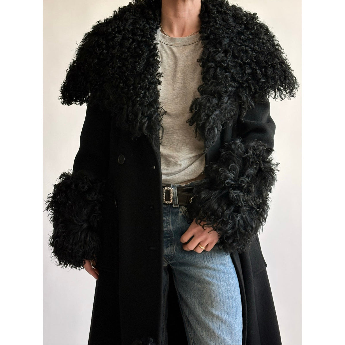 Vintage 1970s Black Wool & Mongolian Shearling Coat