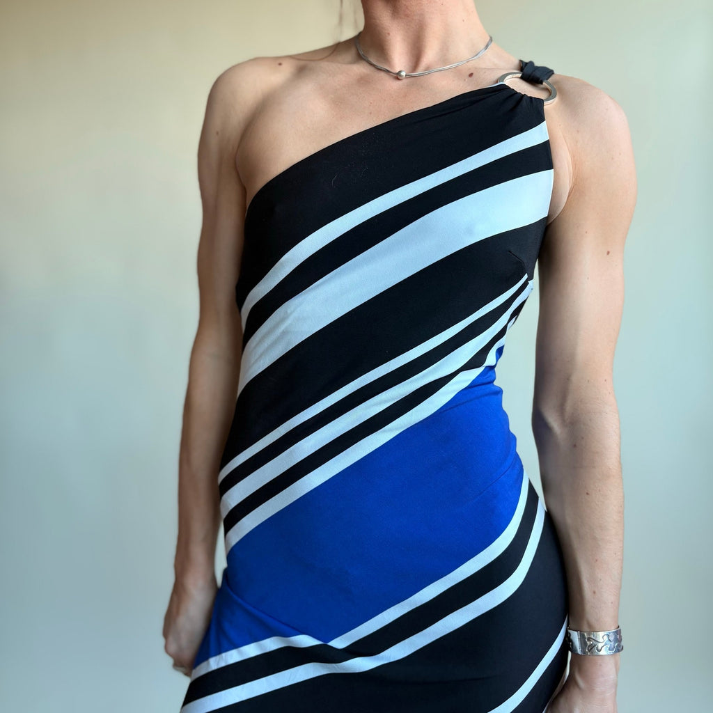 Cache One-Shoulder Striped Maxi Dress - Blue, Black, White, Size XS