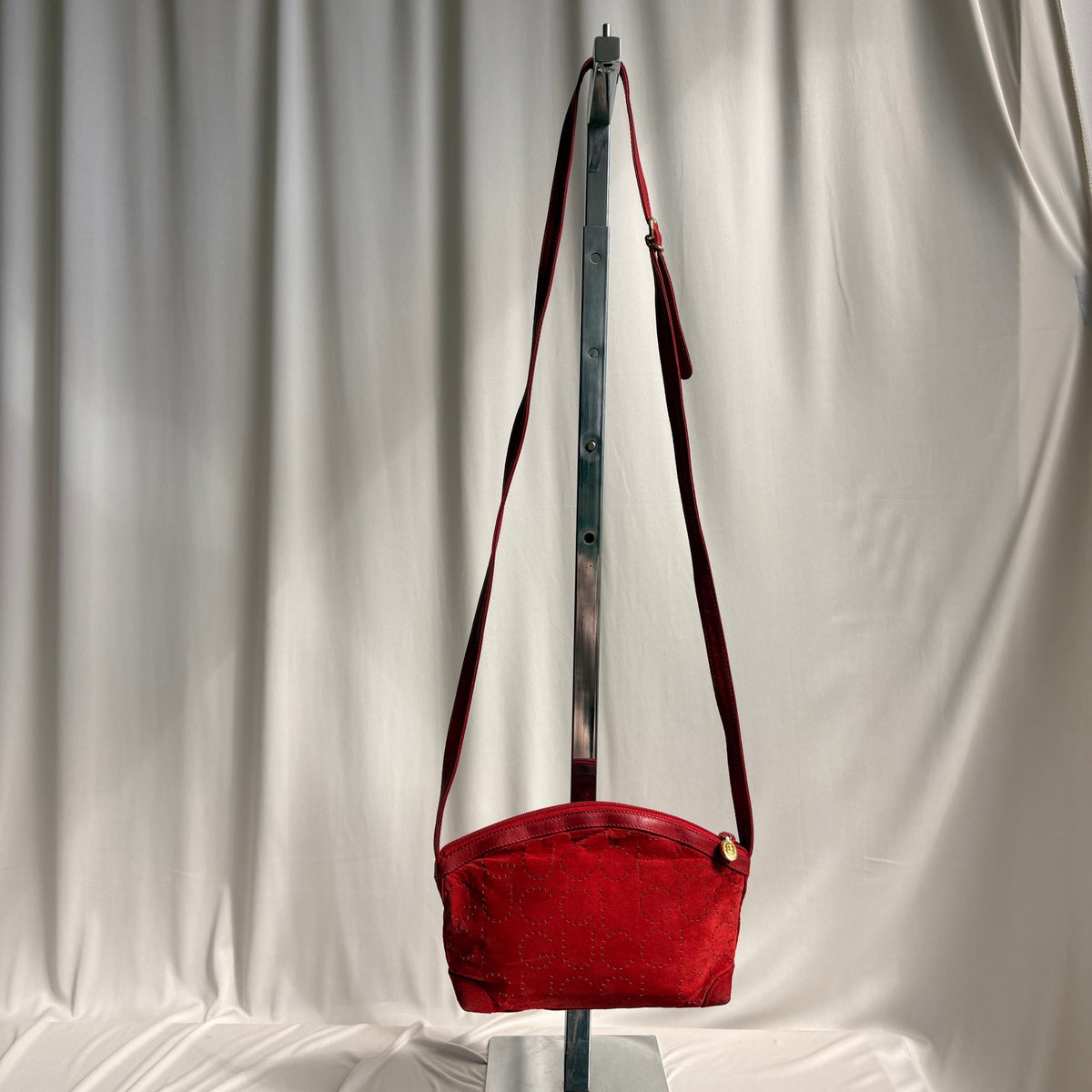 Vintage Gucci Red Suede Perforated Giant Logo Pouch Crossbody Bag
