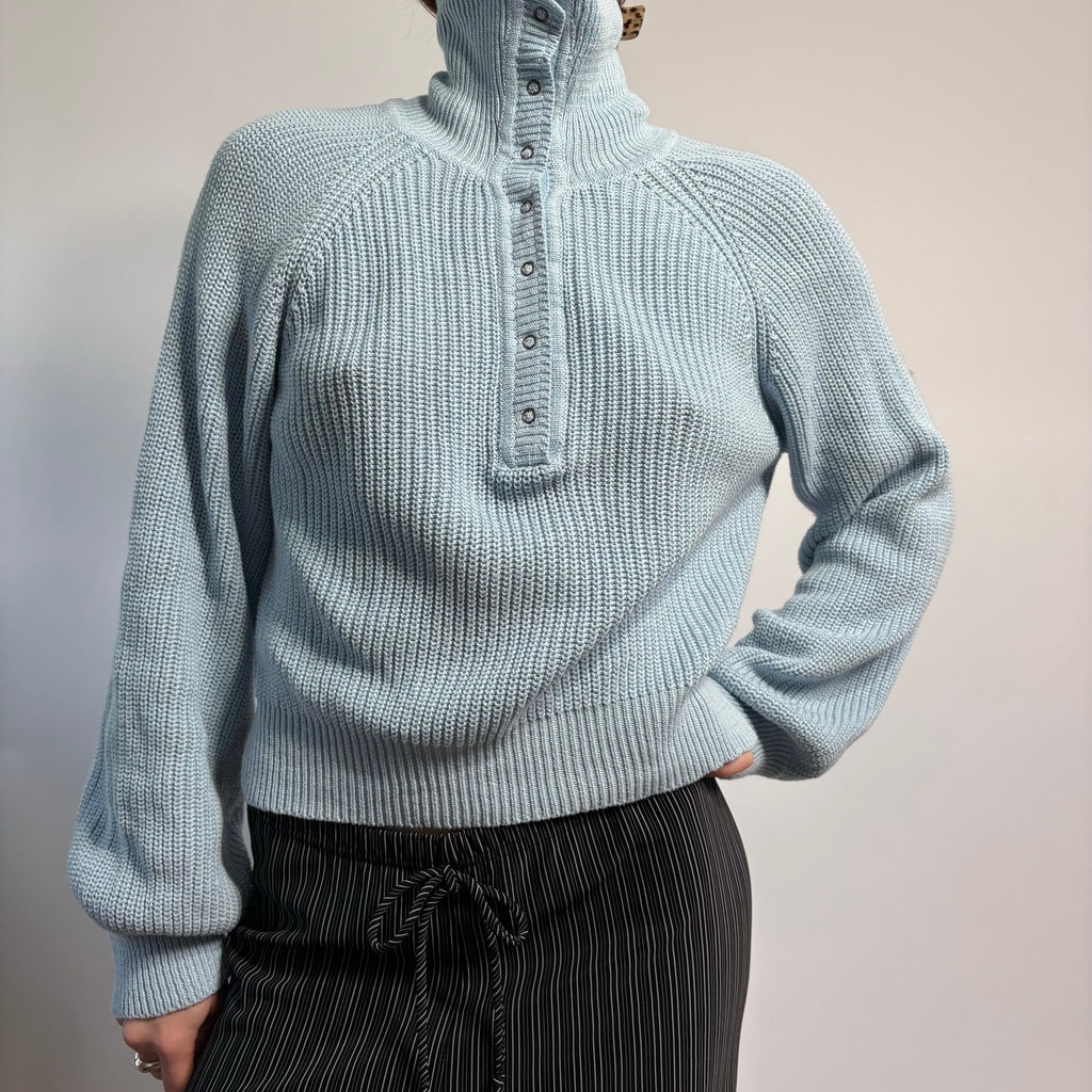 Baby Blue V-Neck Sweater with Button Collar - Medium