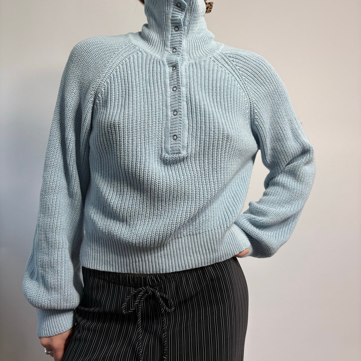 Baby Blue V-Neck Sweater with Button Collar - Medium